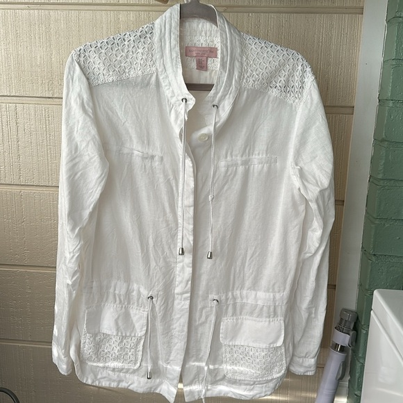 St Tropez West White Linen Summer Jacket Top Eyelet medium - Picture 1 of 5